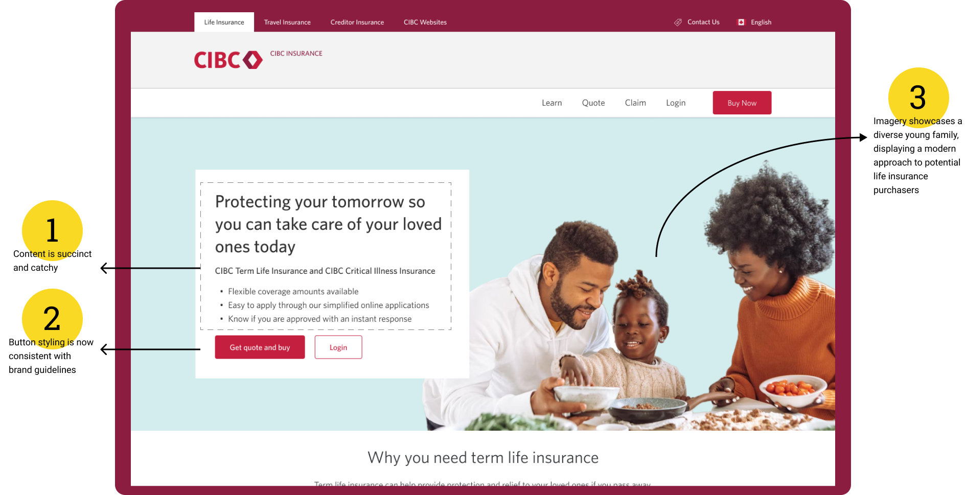 The team's proposed version of the Life Insurance landing page